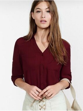Express Burgundy Button-Front V-Neck Blouse small